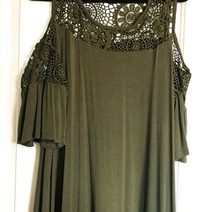Cupio Cold Shoulder Lace Dress – Size XL – Khaki Green – Viscose – Flowy & Femin